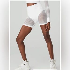 ALO Yoga White Mesh Detail Bike Shorts